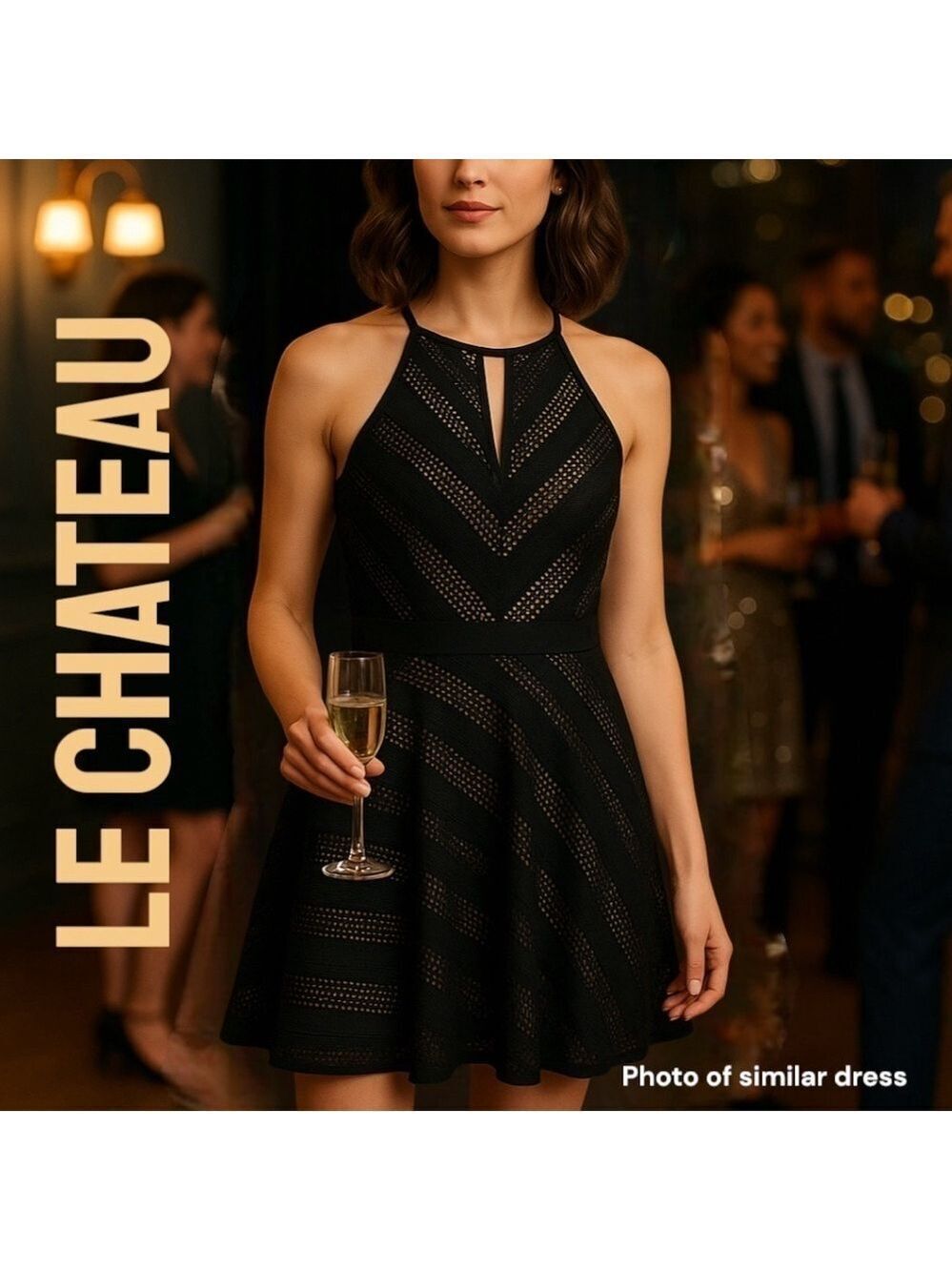 Le Chateau Little Black Dress Sz M Cutout Short Fit & Flare Halter Cocktail EUC
